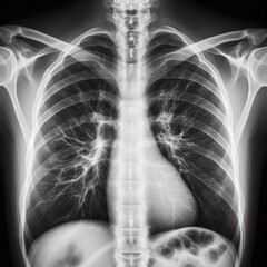 Black and white chest X-ray showing clear, healthy lungs and bronchi