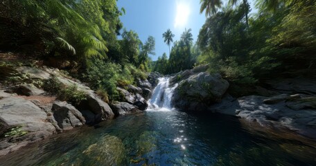 Waterfall adventure in nature 360 degrees hdr panorama experience
