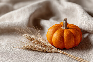 single pumpkin with dry wheat stems on beige textured fabric, minimal harvest vibe, 