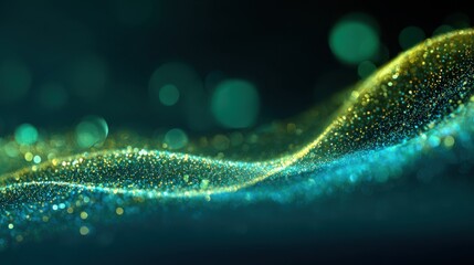 Abstract flowing wave of shimmering golden and teal particles with bokeh lights