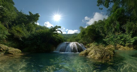 Waterfall adventure in tropical paradise 360 degrees hdr panoramic view