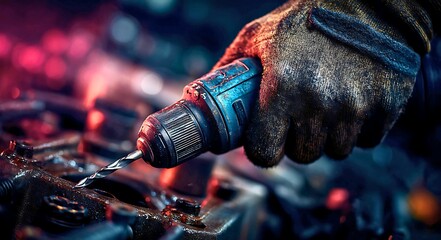 Close up of a gloved hand holding a cordless drill with a drill bit starting to bore into a dark textured surface with bokeh lights