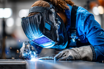 Female welder with face shield and blue overalls, welding torch illuminating her focused face, industrial background,