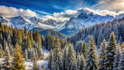 Fototapeta premium Mountainous terrain with trees and snow, snowy forest, rugged terrain , snowy forest