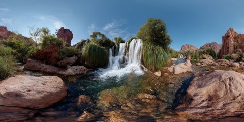 Panoramic 360 degrees waterfall hdr view in nature landscape