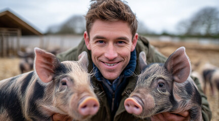 A handsome young man, aged between 25 and 30 years old with short brown hair, is posing for the camera while feeding piglets in an English farmyard. He's wearing jeans and wellies