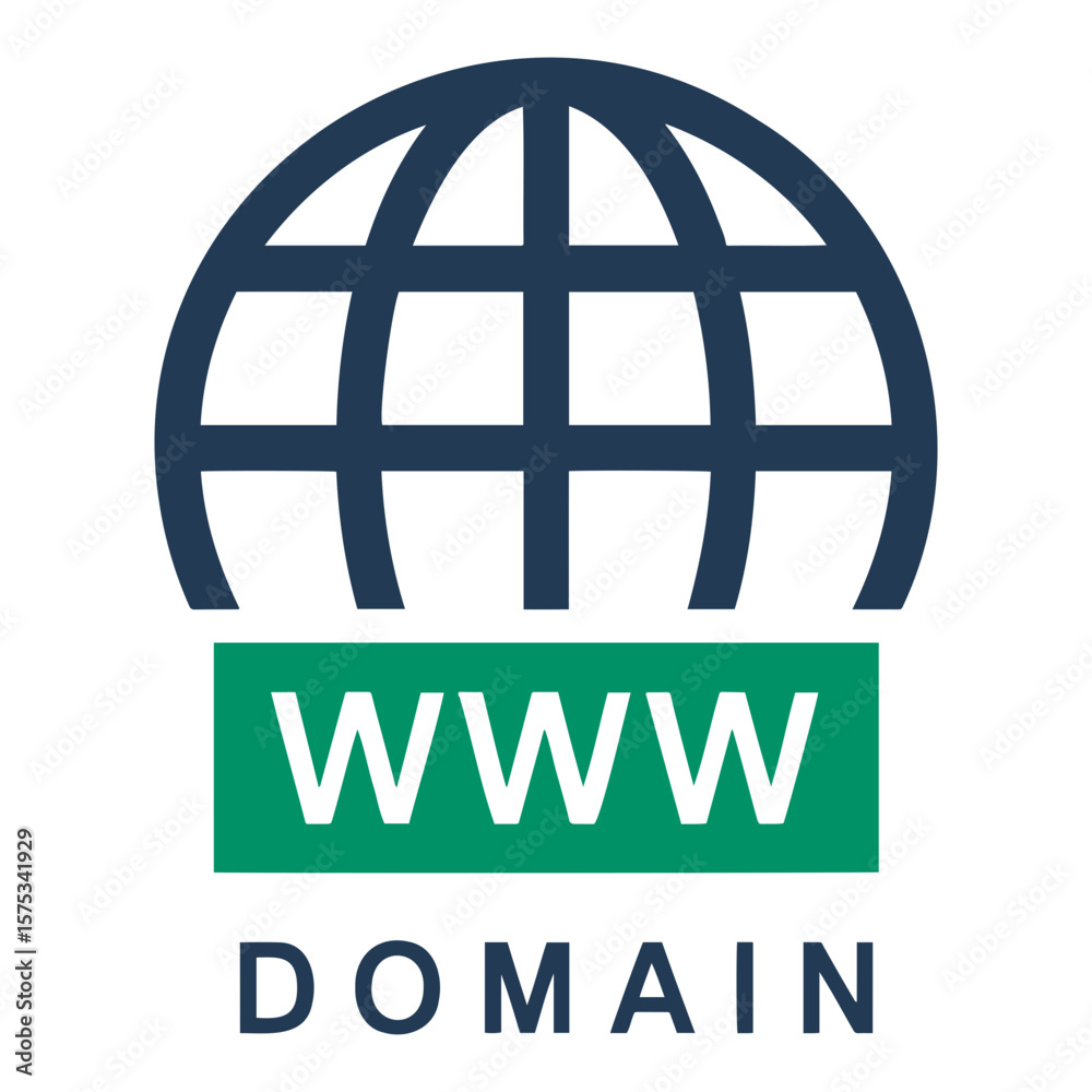 Poster A domain icon featuring a globe with grid lines above a green rectangle with www text