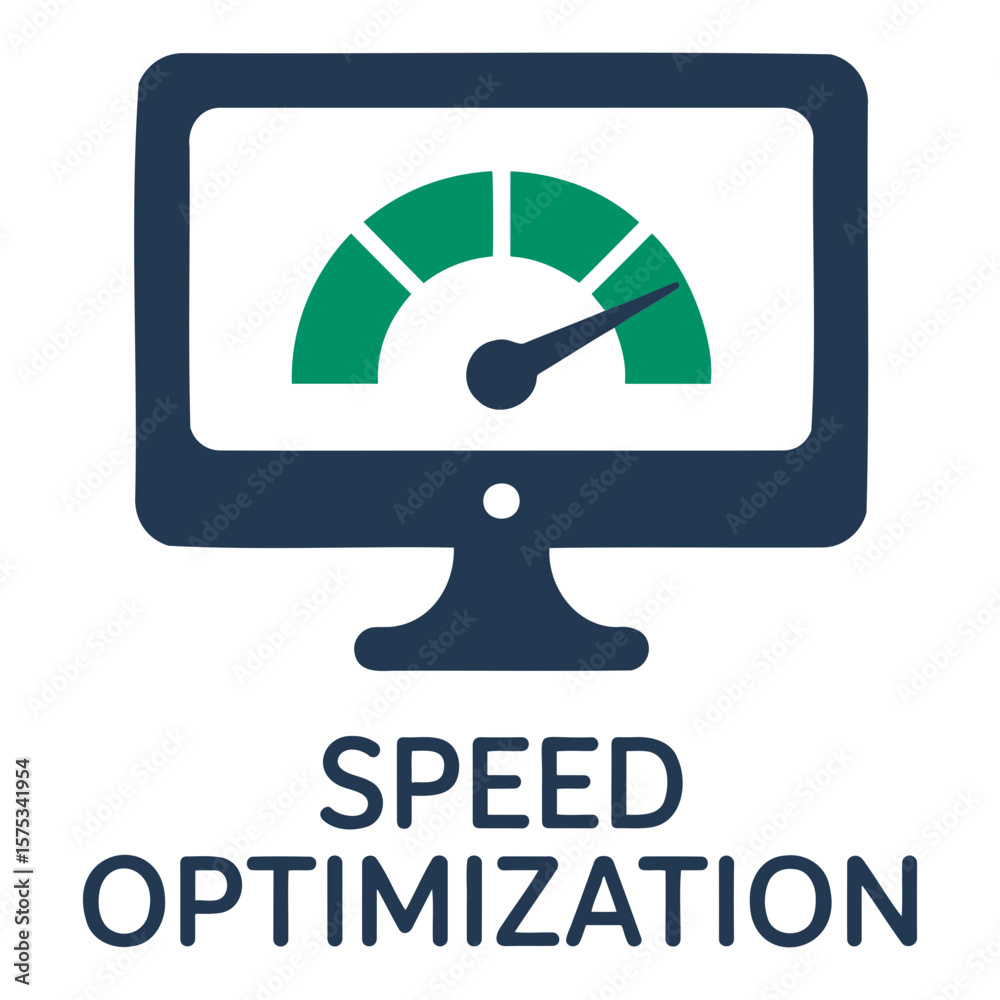 Poster illustration of a computer monitor displaying a speedometer with the words speed optimization below