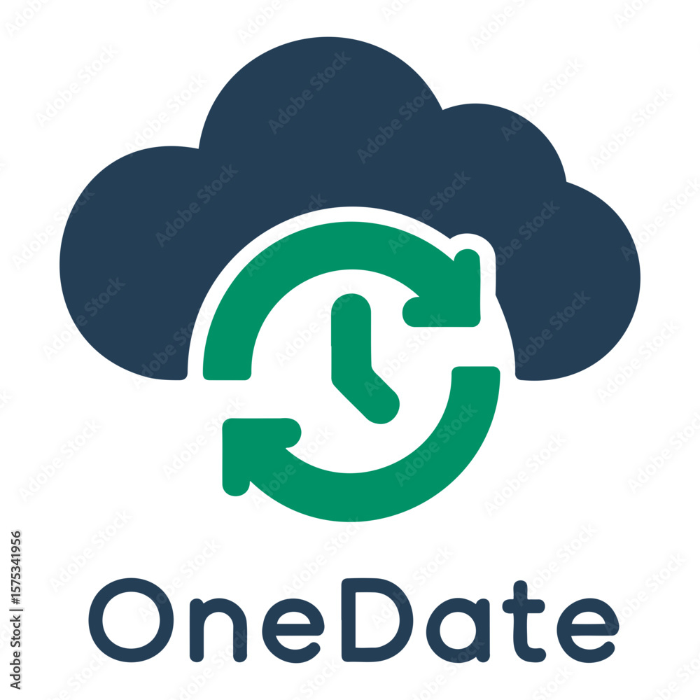Poster illustration of a cloud with a clock and arrows, representing time and data synchronization process