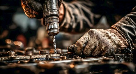 Close up of a gloved hand holding a drill bit and working on intricate metal machinery with a shallow depth of field