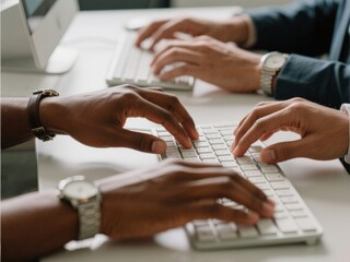 three pairs of brown-skinned hands typing on keyboard with watches in office - teamwork and productivity concept