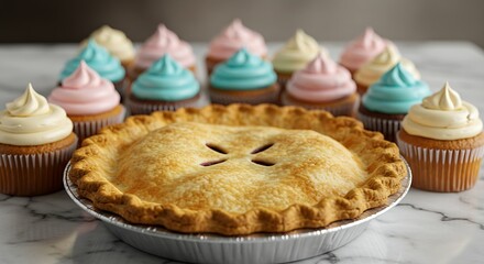 This enticing image captures a homemade pie, its flaky golden crust perfectly contrasting with the vibrant pastel-frosted cupcakes arranged behind it, ready for a celebration.