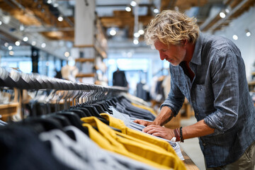 Male entrepreneur adjusting merchandise display in a modern boutique, practical clothing, focus on details, 