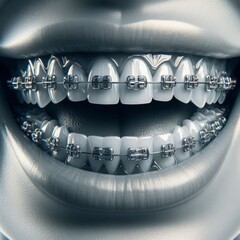 Closeup of teeth with metal braces and clear elastic bands