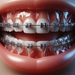 Closeup of teeth with metal braces and clear elastic bands