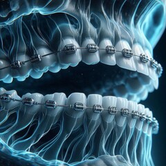 Closeup of teeth with metal braces and clear elastic bands