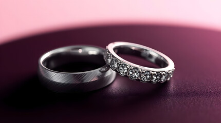 Close-up of two silver rings, one engraved, one with pavé diamonds