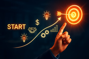 Hand pointing at a business growth concept with "start" icon, lightbulbs, gears, handshake, and target representing success