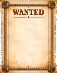 A vintage-style "Wanted" poster with a rope border and aged paper texture isolated on transparent background, ready for text or image placement.