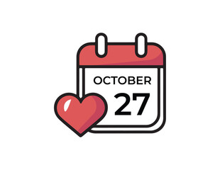 Calendar icon with heart symbol for october twenty seventh isolated on white background