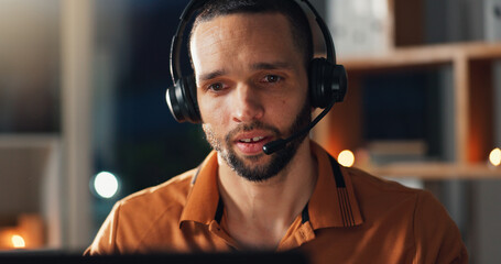 Man, call center and headset for communication at night for advice, help desk and freelance...