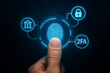 Finger touches a glowing fingerprint scan with icons for bank, lock, and 2FA, illustrating secure digital authentication