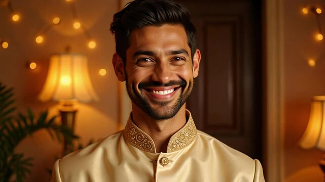 An Indian man smiles warmly at the camera while dressed in a pathani suit, creating a festive atmosphere in this engaging 4k footage.
