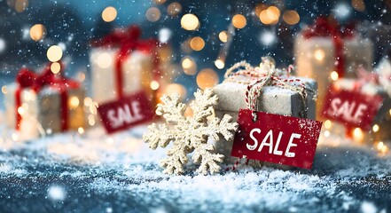 Festive christmas presents adorned with snowflakes and sale tags sit in the snow under twinkling lights