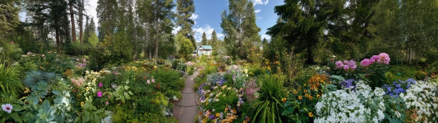 Vibrant flower garden nature retreat 360 degrees hdr panorama view