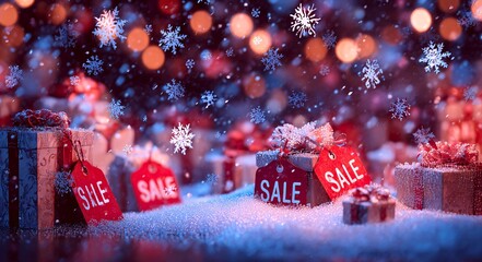 Festive christmas gifts adorned with red sale tags sit in the snow under falling snowflakes and warm bokeh lights