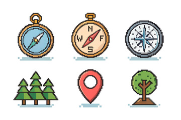 Pixel Art Mini UI Icon Set – Compass, Radar, Map Marker, and Location Pin PNG