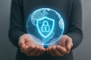 Pair of hands cradling a glowing globe with a shield and padlock, representing global cybersecurity and data safety