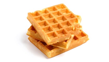 Stack of golden crispy waffles with breakfast treat, and isolated on white background.