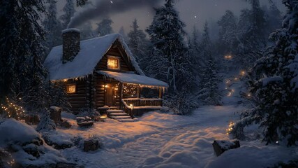 Cozy snow-covered log cabin with glowing windows and string lights in forest - Powered by Adobe