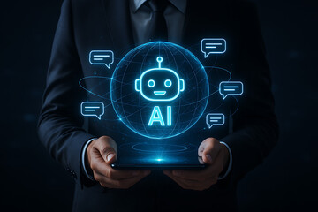 Businessman holding a tablet showcasing an AI chatbot icon with speech bubbles and a global map, representing advanced communication