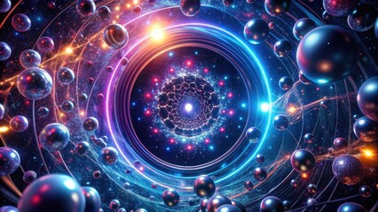 Dark matter molecules swirling in a void surrounded by neon lights and metallic debris , molecular, space
