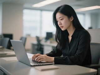 25-year-old Asian woman with long black hair typing on laptop in office - focused professional at work