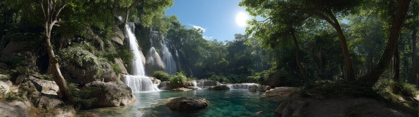 Panoramic 360 degrees hdr view of waterfalls in lush nature environment hdri format
