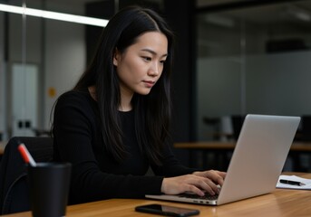 25-year-old Asian woman with long black hair typing on laptop in office - focused professional at work