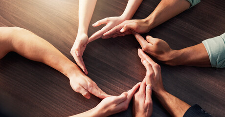 People, hands or circle with social cohesion for team building, unity or mission together above....
