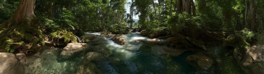 Panoramic 360 degrees hdr view of a scenic river in lush nature