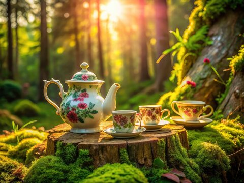 Mad Hatter's tea party unfolds! A whimsical forest banner featuring teacups, moss, and a tree stump.