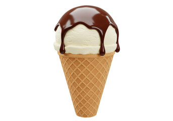 Isolated Vanilla Ice Cream Cone Drizzled with Chocolate