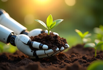 Robotic hand holding green seeds in fertile soil, clean tech concept