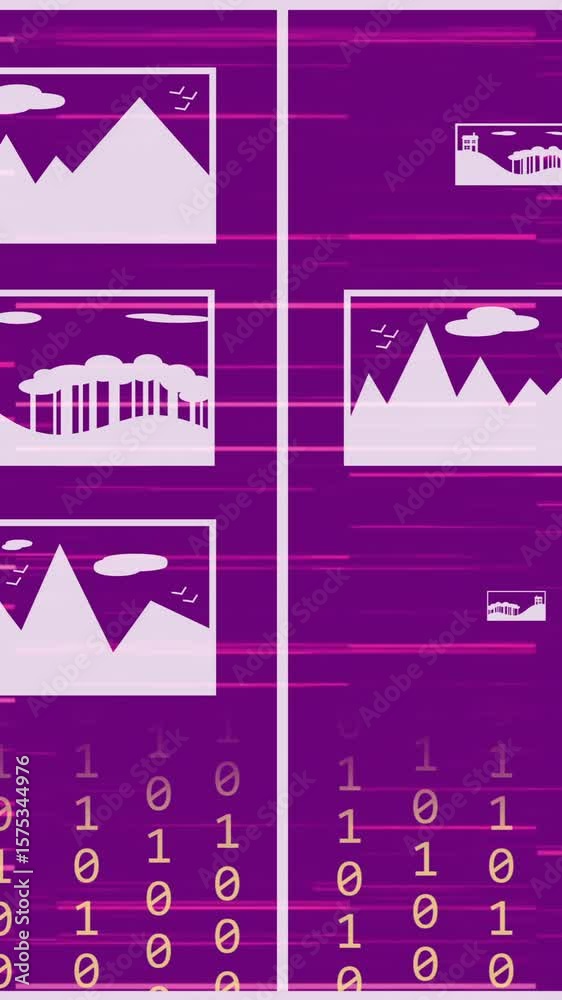 Poster animation of digital pictures and falling binary codes with lines over purple background