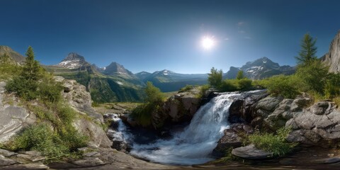 Panoramic 360 degrees hdr view of majestic waterfall landscape