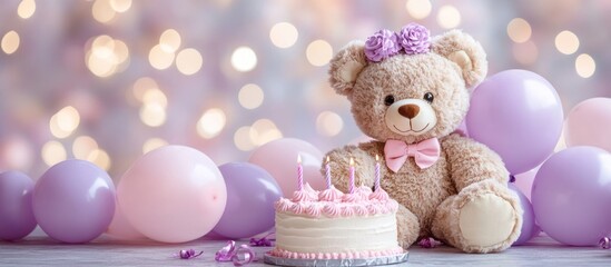 Festive teddy bear sits beside a birthday cake with lit candles and pastel balloons