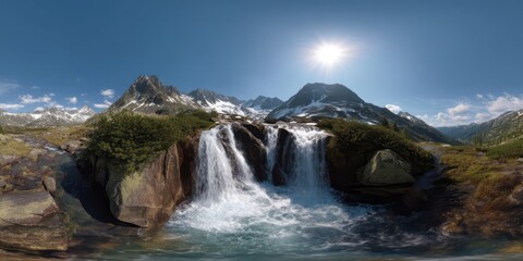 Stunning 360-degree hdr panorama of majestic waterfall in nature scenic landscape view