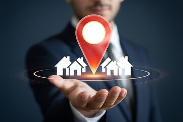 Man holding digital real estate location marker above houses hand