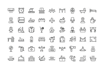 Collection of Hotel Amenities and Services Icons in Line Art Style